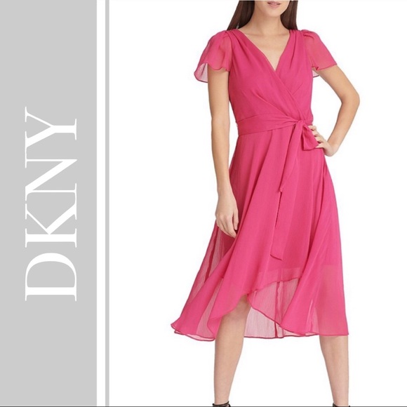 Dkny Dresses & Skirts - DKNY NEW Pink Chiffon Wrap Midi Dress Size 4